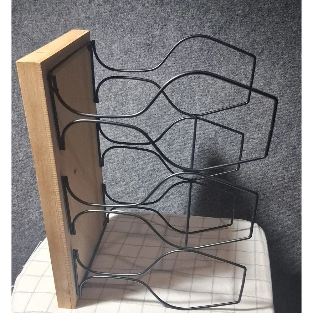 Modern Industrial 6 Bottle Wine‎ Rack Wood Base Black Metal Wire Frame 303839